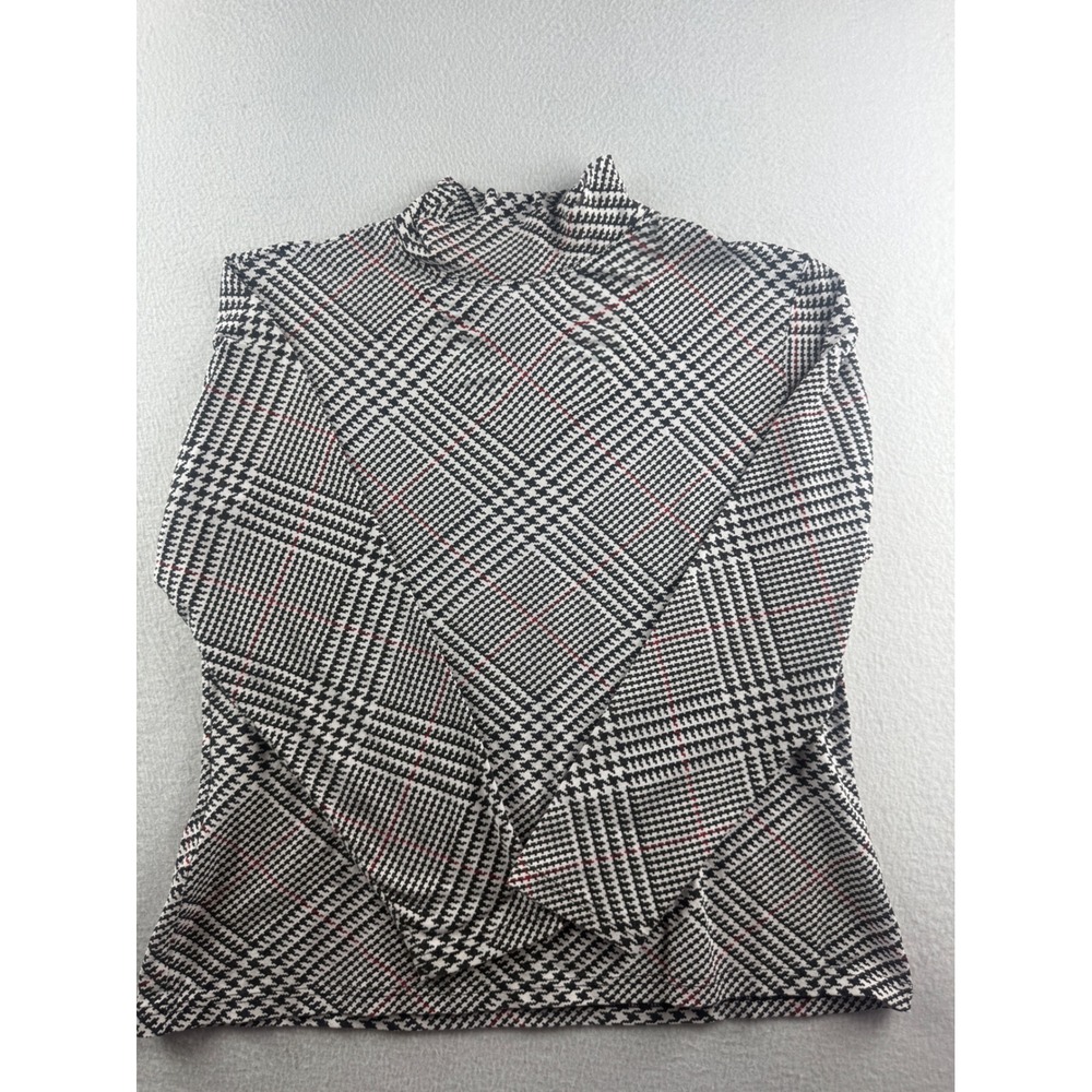 Talbots Petites Womens Black White Red Glen Plaid Mock Neck Top Size Medium M